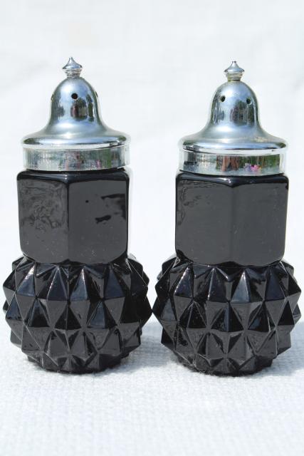 photo of Cameo black glass salt and pepper shakers, vintage diamond point S&P set #2