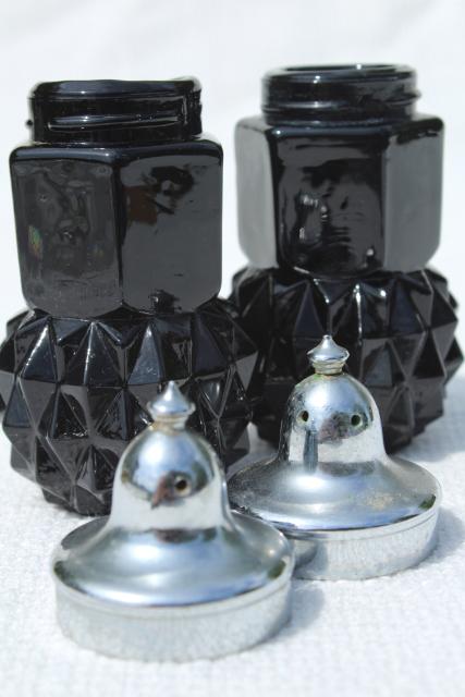 photo of Cameo black glass salt and pepper shakers, vintage diamond point S&P set #3