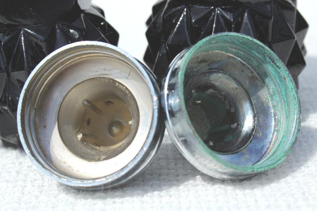 photo of Cameo black glass salt and pepper shakers, vintage diamond point S&P set #4