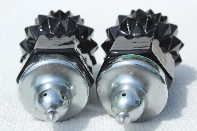 photo of Cameo black glass salt and pepper shakers, vintage diamond point S&P set #5