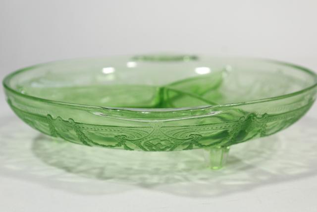 photo of Cameo green depression glass relish three part divided bowl, vintage Anchor Hocking #9
