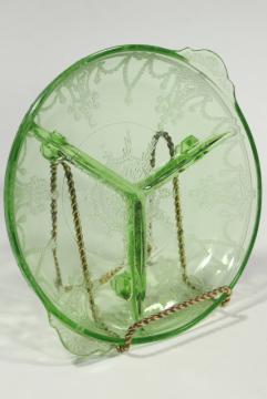 photo of Cameo green depression glass relish three part divided bowl, vintage Anchor Hocking