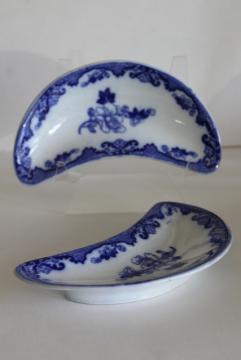 Candia flow blue, antique china bone dishes crescent shaped plates Royal Cauldon