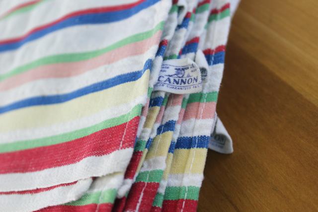 photo of Cannon label cotton dish towels, 1950s vintage red green blue yellow striped kitchen towels #2