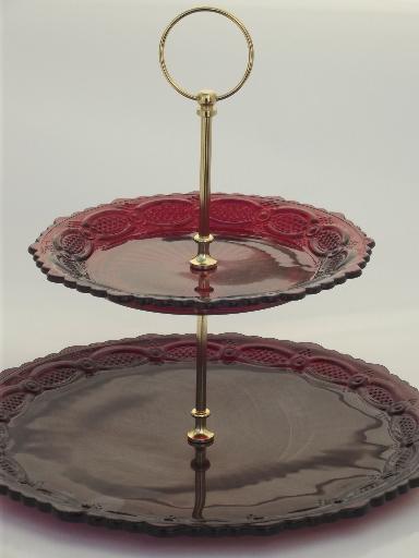 photo of Cape Cod royal ruby red vintage  Avon glass two-tier cake plate, tiered server tray #1