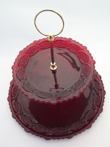 photo of Cape Cod royal ruby red vintage  Avon glass two-tier cake plate, tiered server tray #2