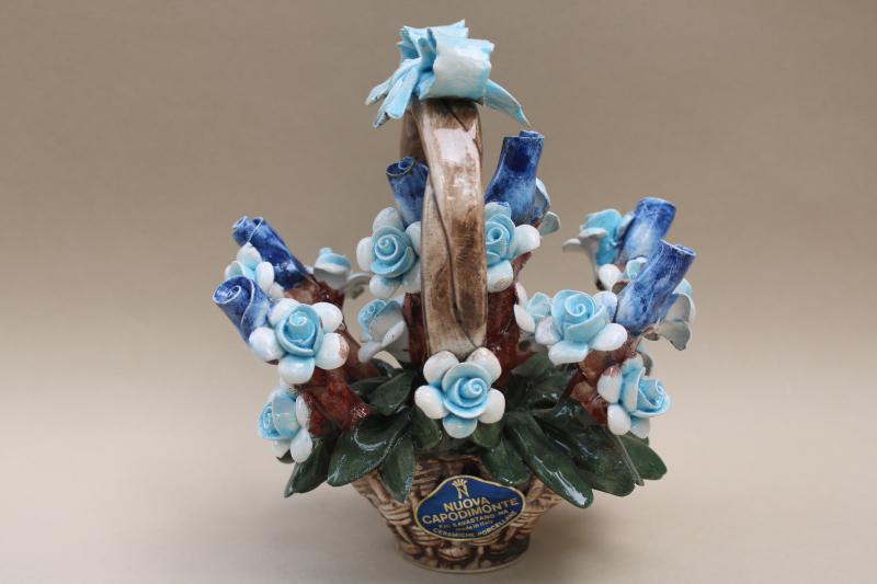 photo of Capodimonte flower basket w/ original label, vintage Italian art pottery #1