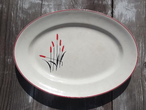 photo of Cat Tail 30s vintage Sears pattern pottery platter, red and black cattail #1