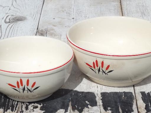 photo of Cat Tail mixing bowls, 30s vintage Sears pottery red and black cattails #1