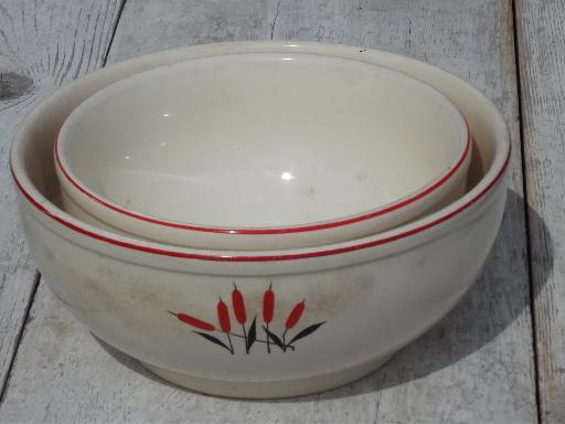 photo of Cat Tail mixing bowls, 30s vintage Sears pottery red and black cattails #2