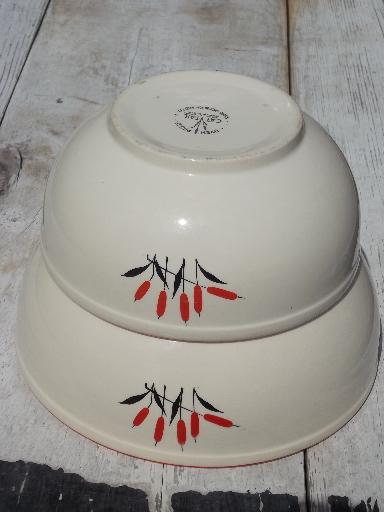 photo of Cat Tail mixing bowls, 30s vintage Sears pottery red and black cattails #9