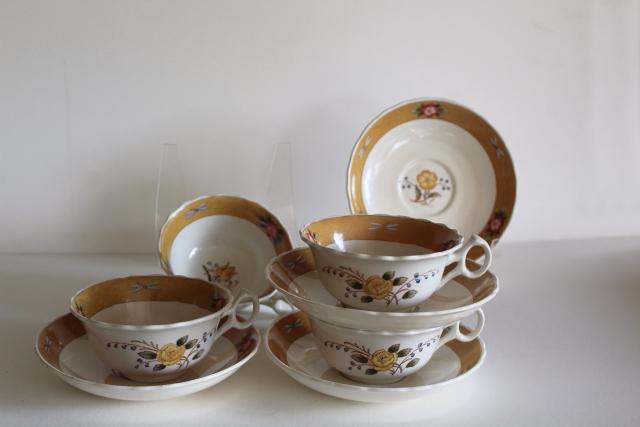 photo of Cauldon England antique china cups & saucers, botanical w/ insects, buttercups and dragonflies #8