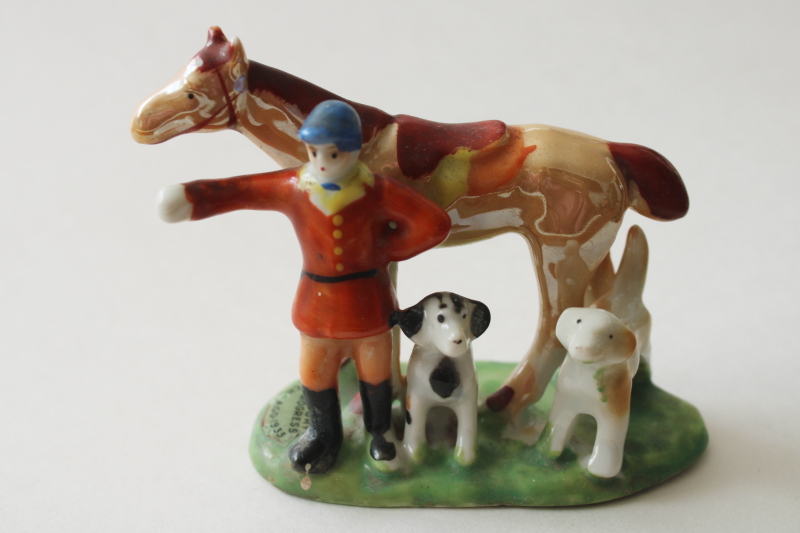 photo of Century of Progress 1933 vintage Japan china figurine, miniature horse rider in hunt coat w/ dog  #1
