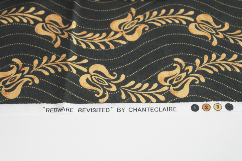 photo of Chanteclaire decor cotton fabric, Redware print folk art primitive tulips yellow on dark green #3