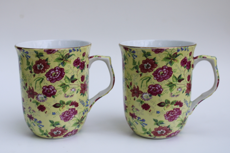 photo of Charlotte chintz china mugs, sweet pretty vintage style floral on yellow  #4