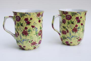 Charlotte chintz china mugs, sweet pretty vintage style floral on yellow 