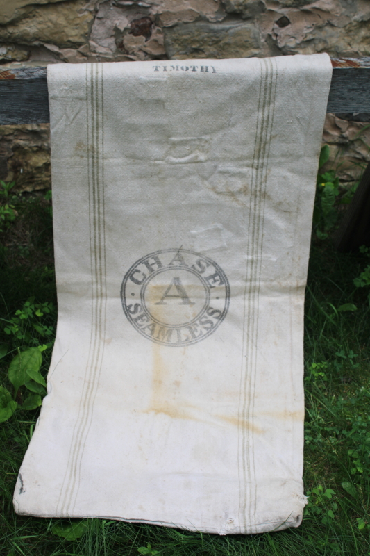 photo of Chase Seamless vintage heavy cotton grain bag feed sack Timothy seed, worn & patched, woven grey green stripe #1