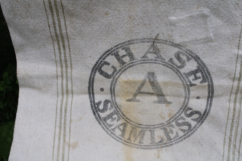 photo of Chase Seamless vintage heavy cotton grain bag feed sack Timothy seed, worn & patched, woven grey green stripe  #2