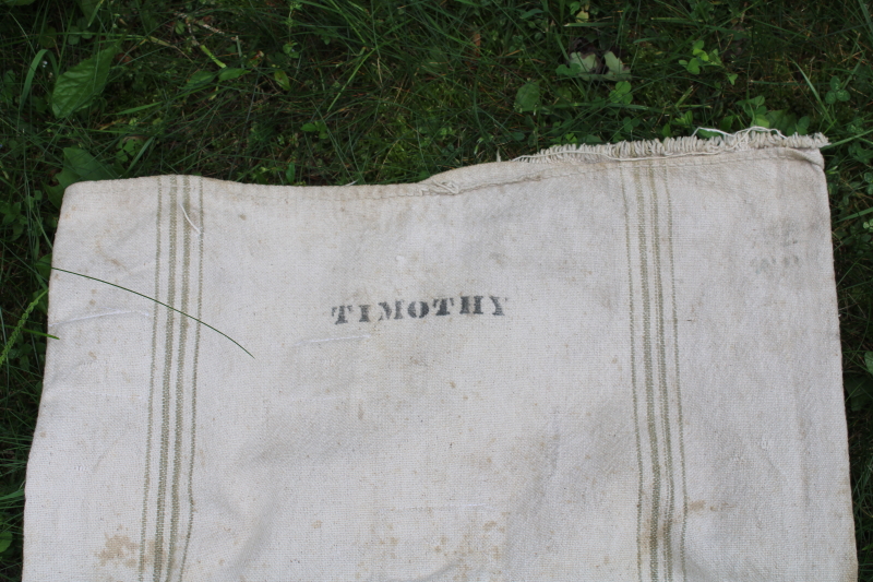 photo of Chase Seamless vintage heavy cotton grain bag feed sack Timothy seed, worn & patched, woven grey green stripe  #3
