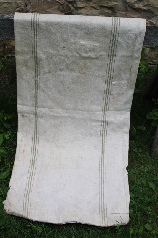 photo of Chase Seamless vintage heavy cotton grain bag feed sack Timothy seed, worn & patched, woven grey green stripe  #4