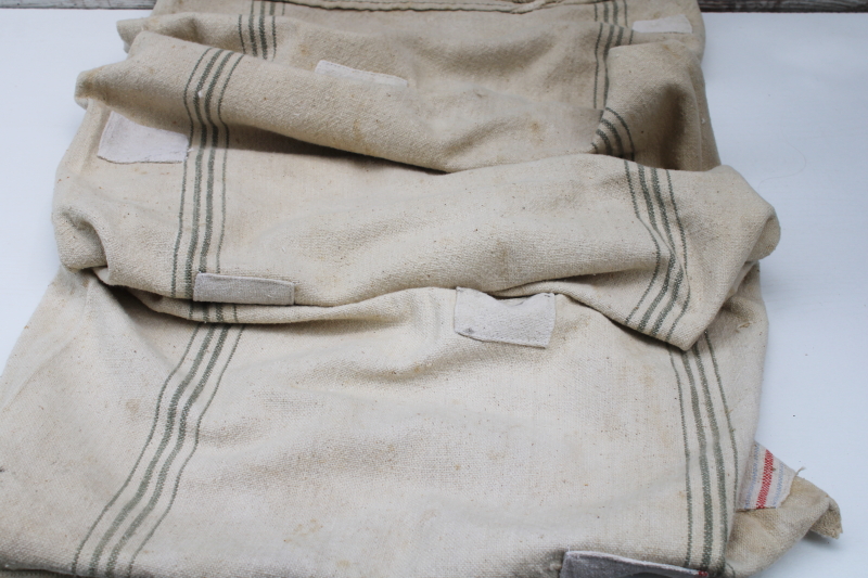 photo of Chase Seamless vintage heavy cotton grain bag feed sack Timothy seed, worn & patched, woven grey green stripe  #5