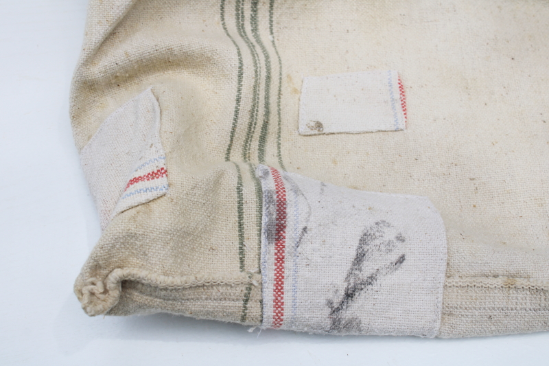photo of Chase Seamless vintage heavy cotton grain bag feed sack Timothy seed, worn & patched, woven grey green stripe  #6