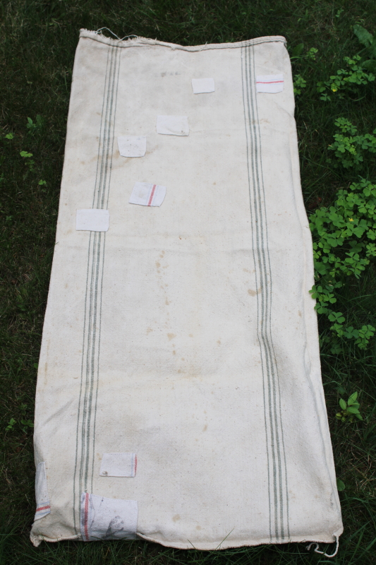 photo of Chase Seamless vintage heavy cotton grain bag feed sack Timothy seed, worn & patched, woven grey green stripe  #7