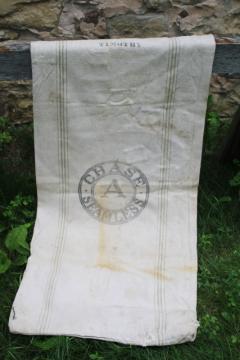Chase Seamless vintage heavy cotton grain bag feed sack Timothy seed, worn & patched, woven grey green stripe 