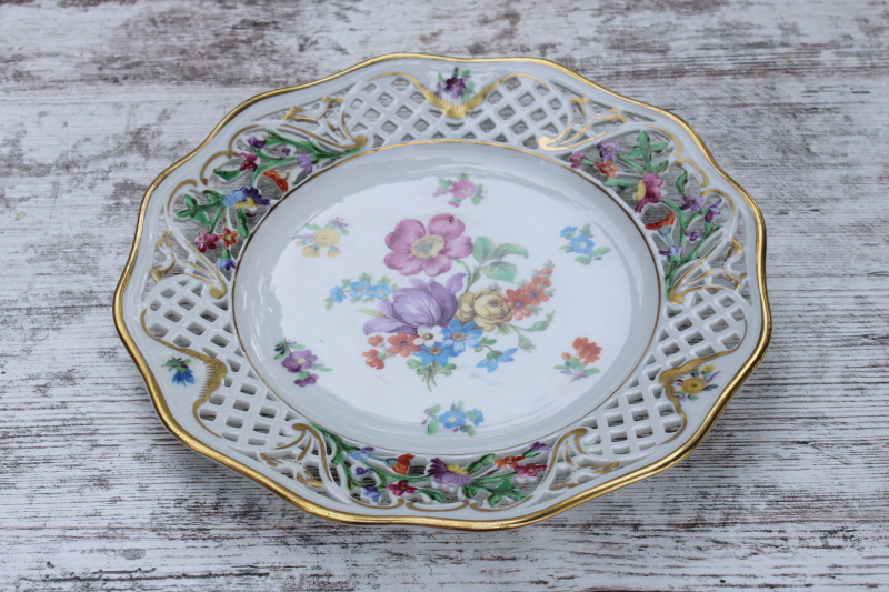 photo of Chateau Dresden painted floral reticulated china plate open rose, vintage US Zone Schumann Bavaria #1