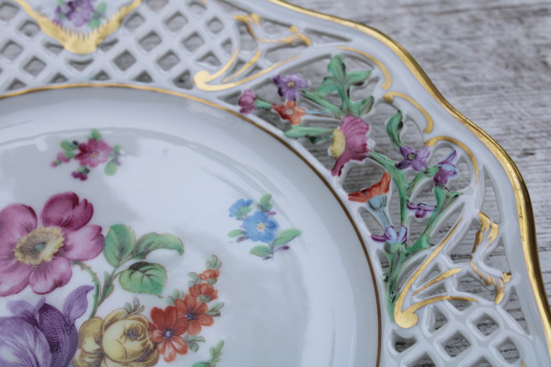 photo of Chateau Dresden painted floral reticulated china plate open rose, vintage US Zone Schumann Bavaria #2