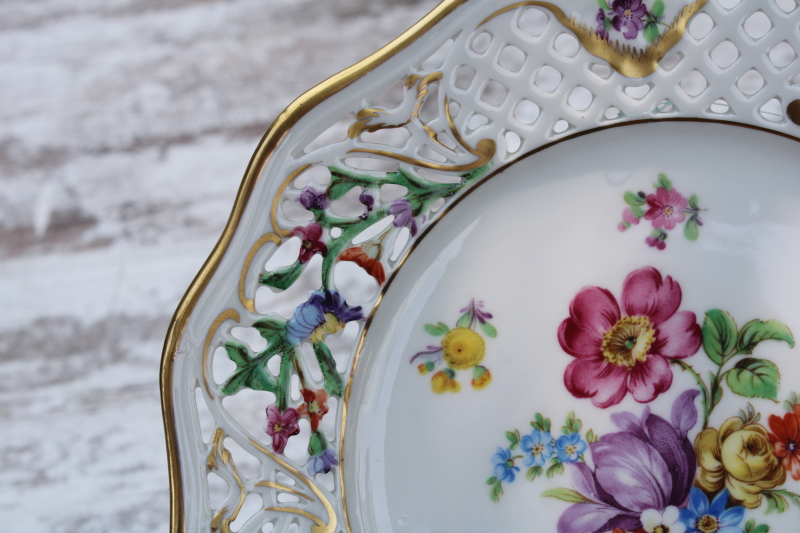 photo of Chateau Dresden painted floral reticulated china plate open rose, vintage US Zone Schumann Bavaria #3