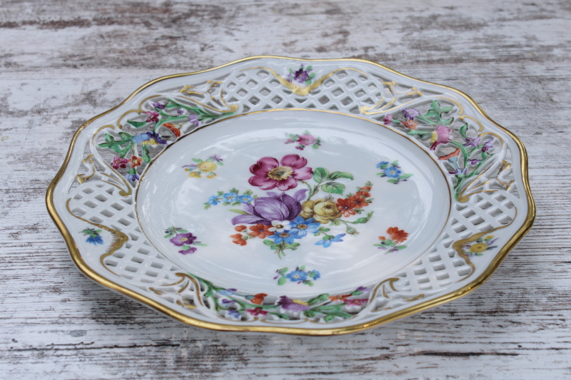 photo of Chateau Dresden painted floral reticulated china plate open rose, vintage US Zone Schumann Bavaria #4