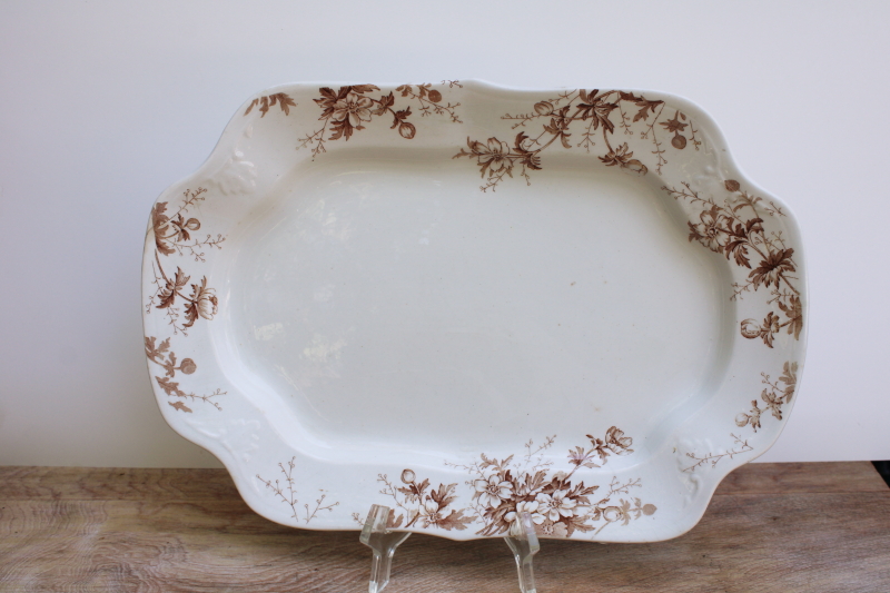 photo of Chelsea brown aesthetic floral transferware china, antique white ironstone platter #1