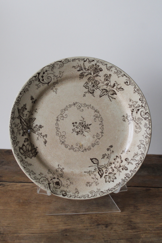 photo of Chelsea brown transferware antique china plate, shabby stained crazed old ironstone china  #1