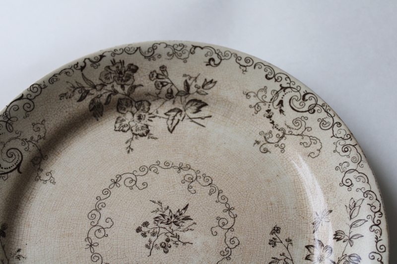 photo of Chelsea brown transferware antique china plate, shabby stained crazed old ironstone china #2