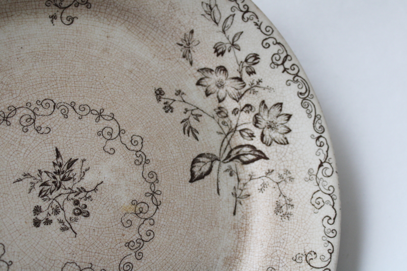 photo of Chelsea brown transferware antique china plate, shabby stained crazed old ironstone china #3