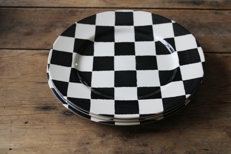 photo of Chequers Royal Stafford England black & white checked dinner plates, whimsical mod checkerboard pattern  #4