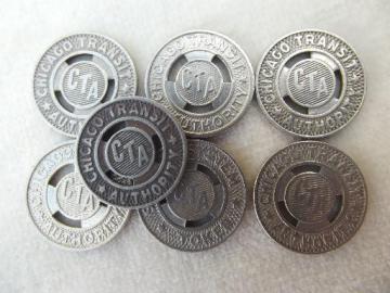 catalog photo of Chicago Transit Authority token lot, old embossed metal coin CTA tokens 
