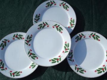 catalog photo of China holiday plates set, red and green Christmas holly border on white