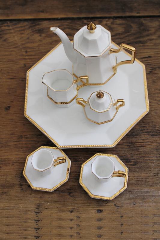 photo of China porcelain doll dishes, miniature tea set white w/ gold, 1990s vintage #1