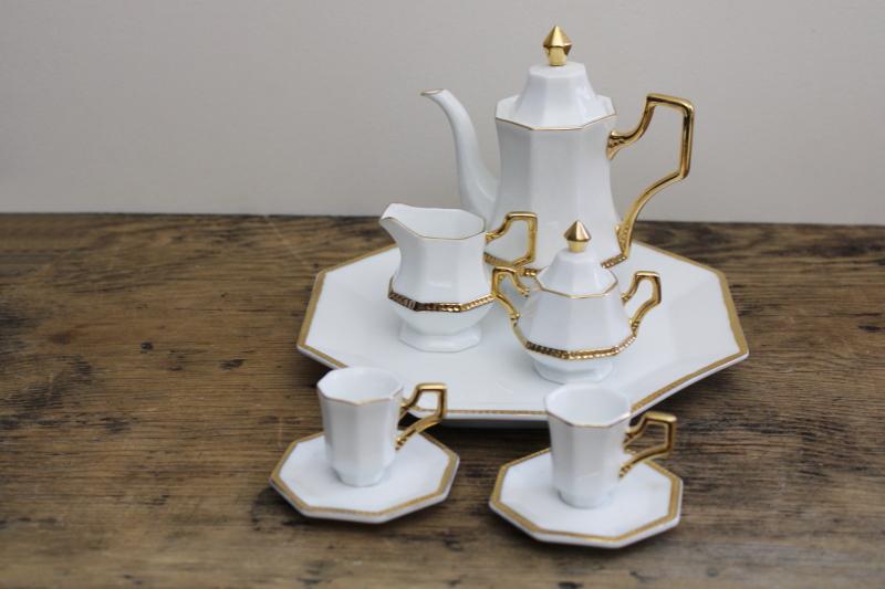 photo of China porcelain doll dishes, miniature tea set white w/ gold, 1990s vintage #3