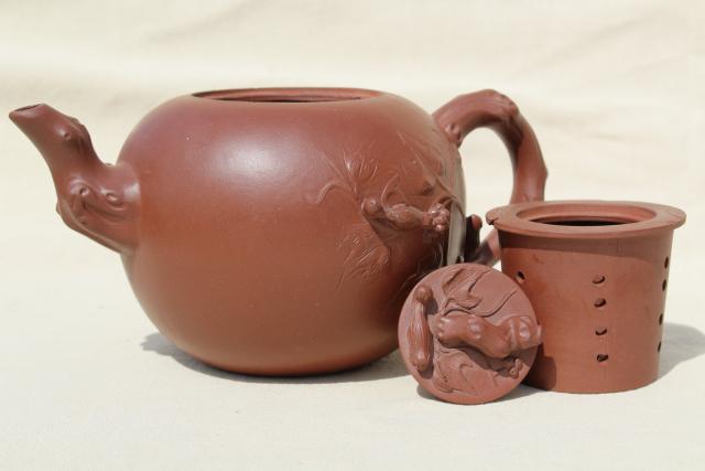 photo of Chinese Yixing clay teapot, vintage pottery tea pot w/ leaf & branch, animal figures #8