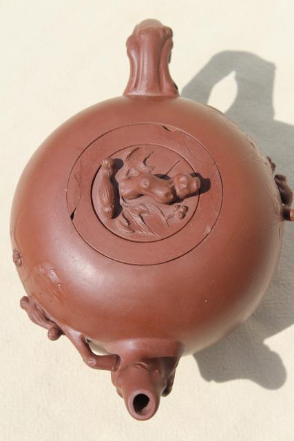 photo of Chinese Yixing clay teapot, vintage pottery tea pot w/ leaf & branch, animal figures #11
