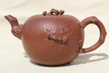 catalog photo of Chinese Yixing clay teapot, vintage pottery tea pot w/ leaf & branch, animal figures