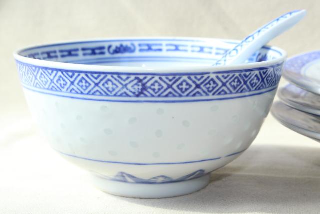 photo of Chinese blue & white rice grain porcelain, vintage bowls, spoons, plates made in China #5