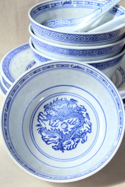 photo of Chinese blue & white rice grain porcelain, vintage bowls, spoons, plates made in China #6