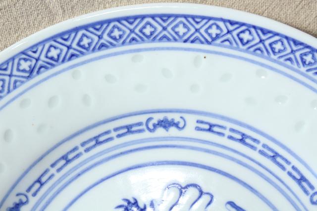 photo of Chinese blue & white rice grain porcelain, vintage bowls, spoons, plates made in China #9