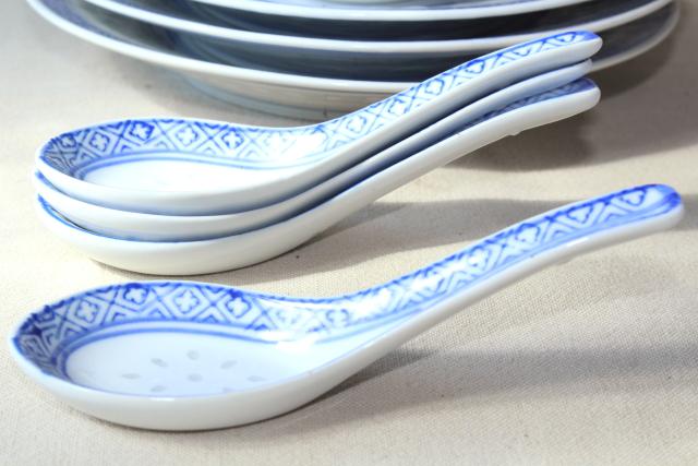 photo of Chinese blue & white rice grain porcelain, vintage bowls, spoons, plates made in China #10