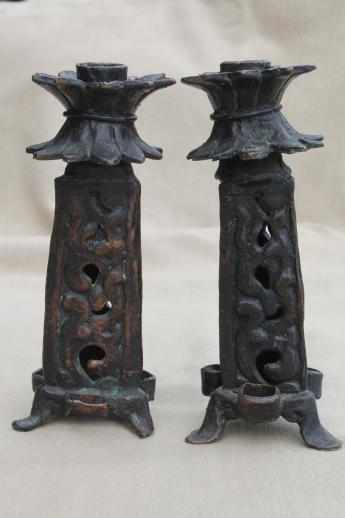 photo of Chinese bronze candlesticks, pair of candle holders to hold incense / joss sticks #1