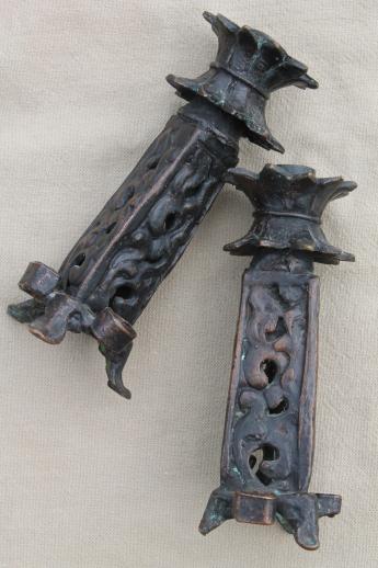 photo of Chinese bronze candlesticks, pair of candle holders to hold incense / joss sticks #6